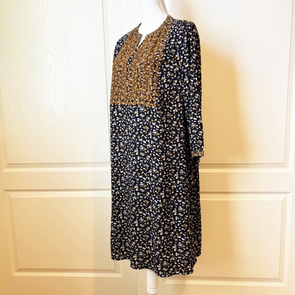 J. Jill Mustard Yellow Embroidered Floral Print Tunic Dress Women’s Medium - Picture 5 of 12